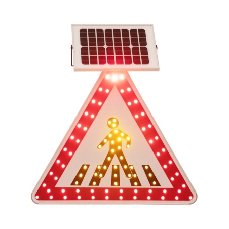 Vista frontal de la señal luminosa de paso de peatones con Led solar - encendida