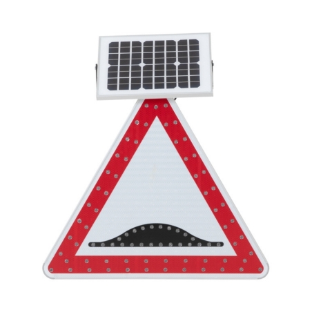 Vista frontal de la señal luminosa peligro resalto con LED solar, apagada