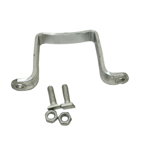 Vista de la abrazadera simple para poste de 80x80 mm, dos tornillos y dos cabezas de tornillos