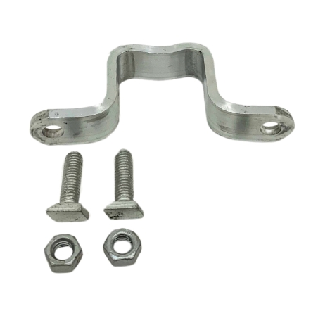 Vista de la abrazadera simple para poste de 40x40 mm, dos tornillos y dos cabezas de tornillos