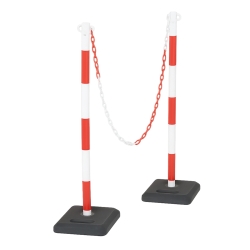 Vista general del kit de 2 postes de PVC, base lastrada + 1 cadena de 25 metros - Rojo y blanco