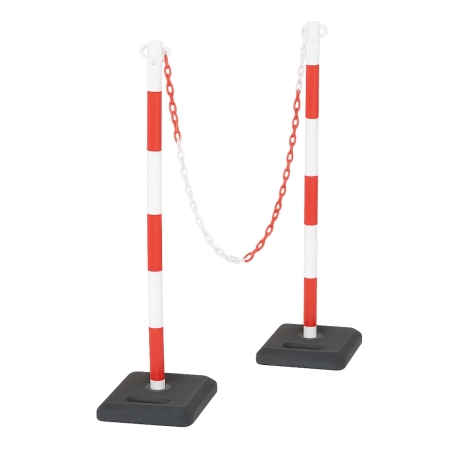 Vista general del kit de 2 postes de PVC, base lastrada + 1 cadena de 25 metros - Rojo y blanco