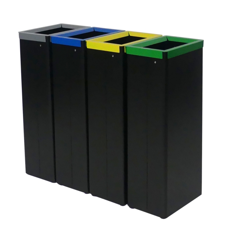 Vista general de las 4 papeleras de reciclaje selectivo de 42 litros Vista general de las 4 papeleras de reciclaje selectivo de 42 litros