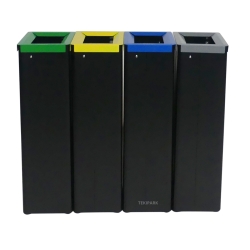 Vista frontal de las 4 papeleras de reciclaje selectivo de 42 litros
