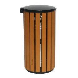 Vista de perfil de la papelera urbana imitación madera 60 L ELSA