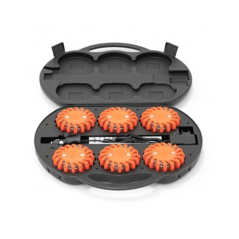 Maletín con 6 balizas luminosas LED magnéticas recargables - Naranja